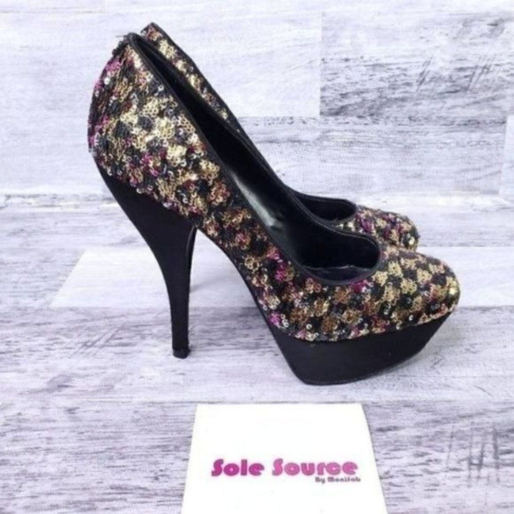 Nine West Piggy Satin Sequined Platform Pump Gold Black Pink Women's sz 7.5